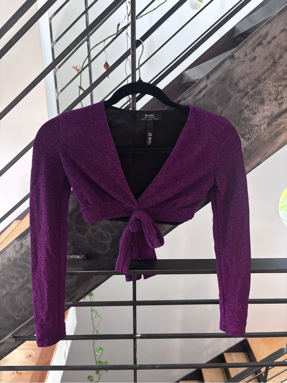 Bershka Deep Purple Tie-Front Long Sleeve Disco Crop Top 🪩